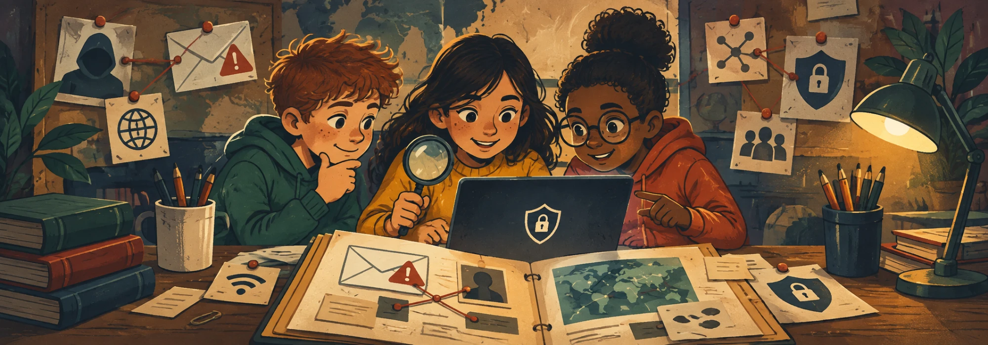 Drie speurders bekijken samen bewijs op een laptop met een vergrootglas, omringd door aanwijzingen over veilig internetgebruik