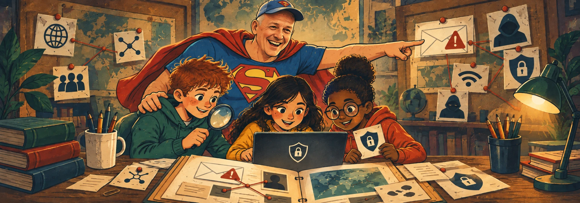 Super Onno en drie speurders bekijken samen bewijs op een laptop, omringd door aanwijzingen over veilig internetgebruik